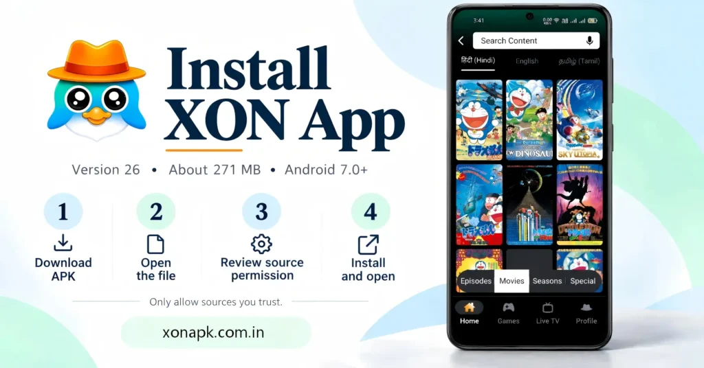 XON App installation steps with version 26 details and a mobile app preview