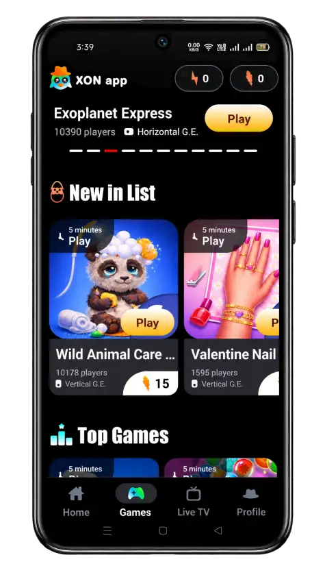 XON App Games screen in a mobile mockup showing New in List, game cards, and bottom navigation