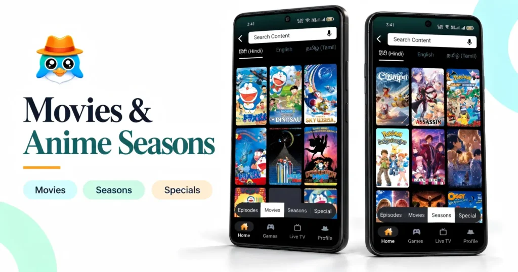 XON movie and anime season listings displayed on two mobile phones