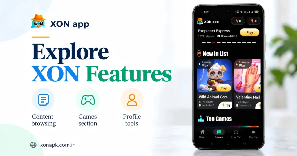 XON app Games screen with content browsing and profile feature icons